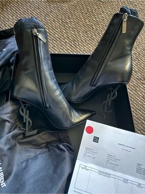 Yves Saint Laurent Black Leather Pointed Toe Ankle Boots